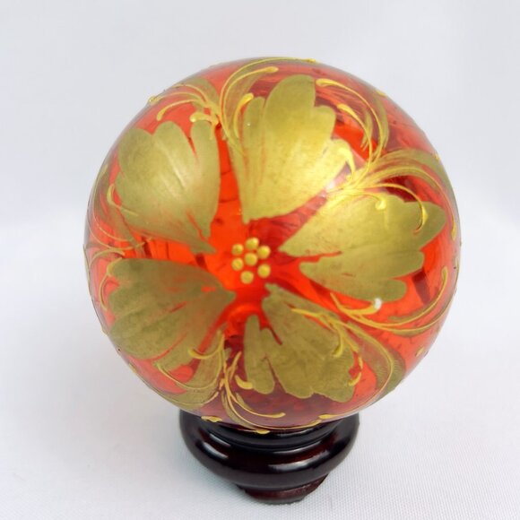 Vintage Blown Glass Christmas Tree Ornament Red and Gold Hand Painted Sphere - Picture 6 of 7
